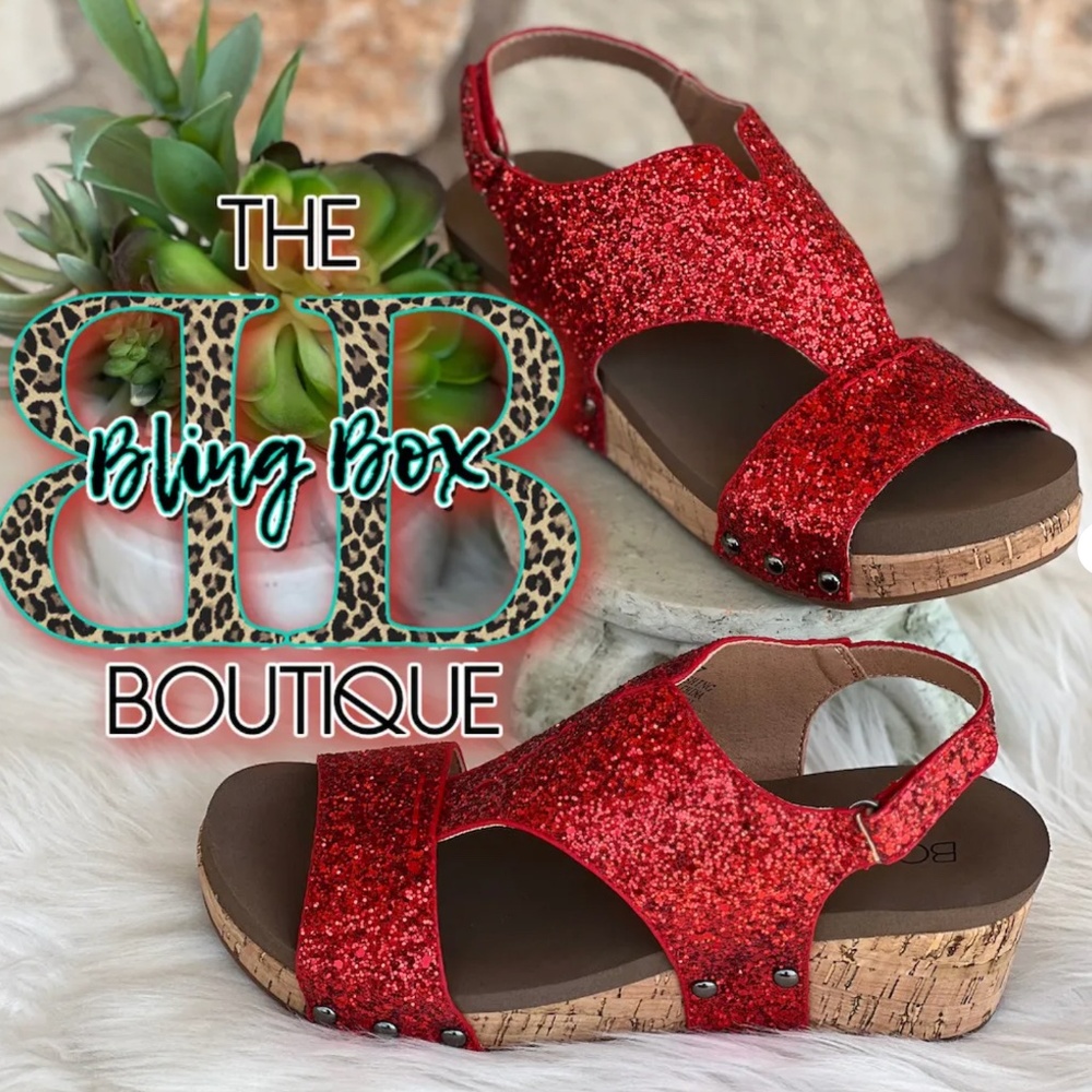 Corkys Refreshing Red Glitter Wedge Sandals